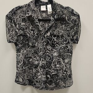 Emma James Black and White Sheer Paisley Shirt Size 8